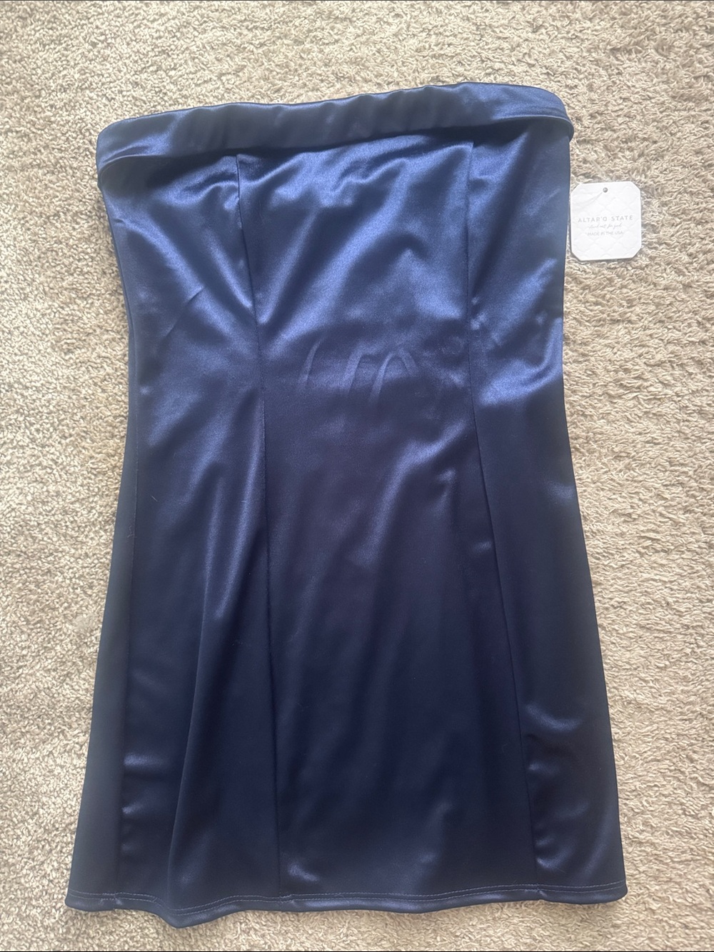 Altar'd State Strapless Satin Dress in Deep Navy